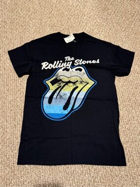 The Rolling Stones Black Logo Tee with Blue & Yellow Tongue NWT